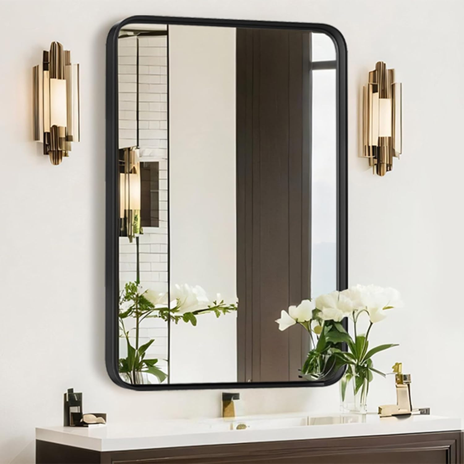 Bathroom Mirror for Wall, 30x22 Inch Rectangle Mirror, Matte Black Metal Framed gallery
