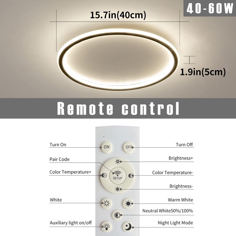 15.7 Inch Flush Mount Ceiling Light, 40-60W Round LED Ceiling Light Fixtures,... gallery
