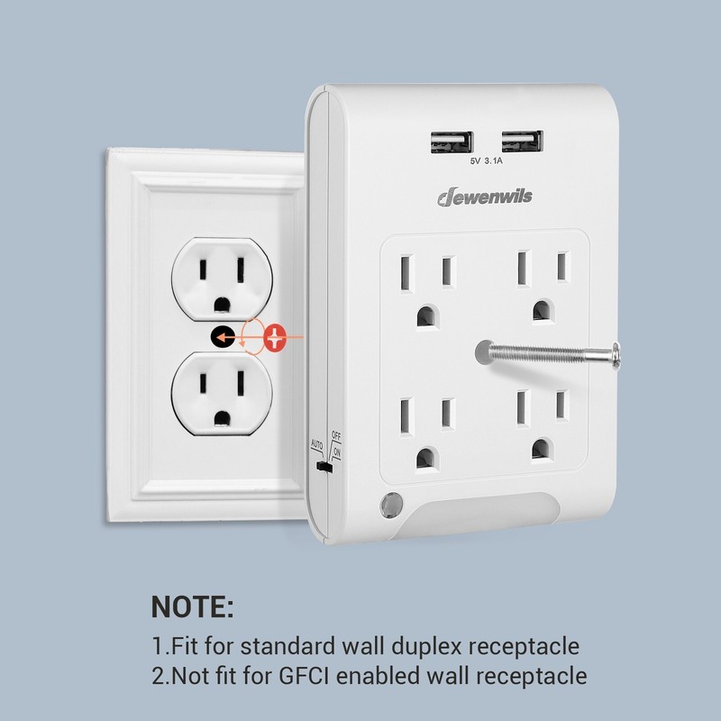 DEWENWILS Multi Wall Plug Outlet Adapter w/ 2 USB Ports Light Sensor Night Light gallery