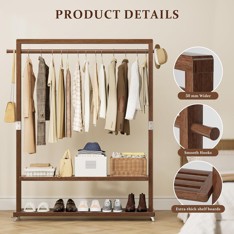Versatile Solid Wood Clothes Rack with Wheels & Shelves - 220 Lb Capacity gallery