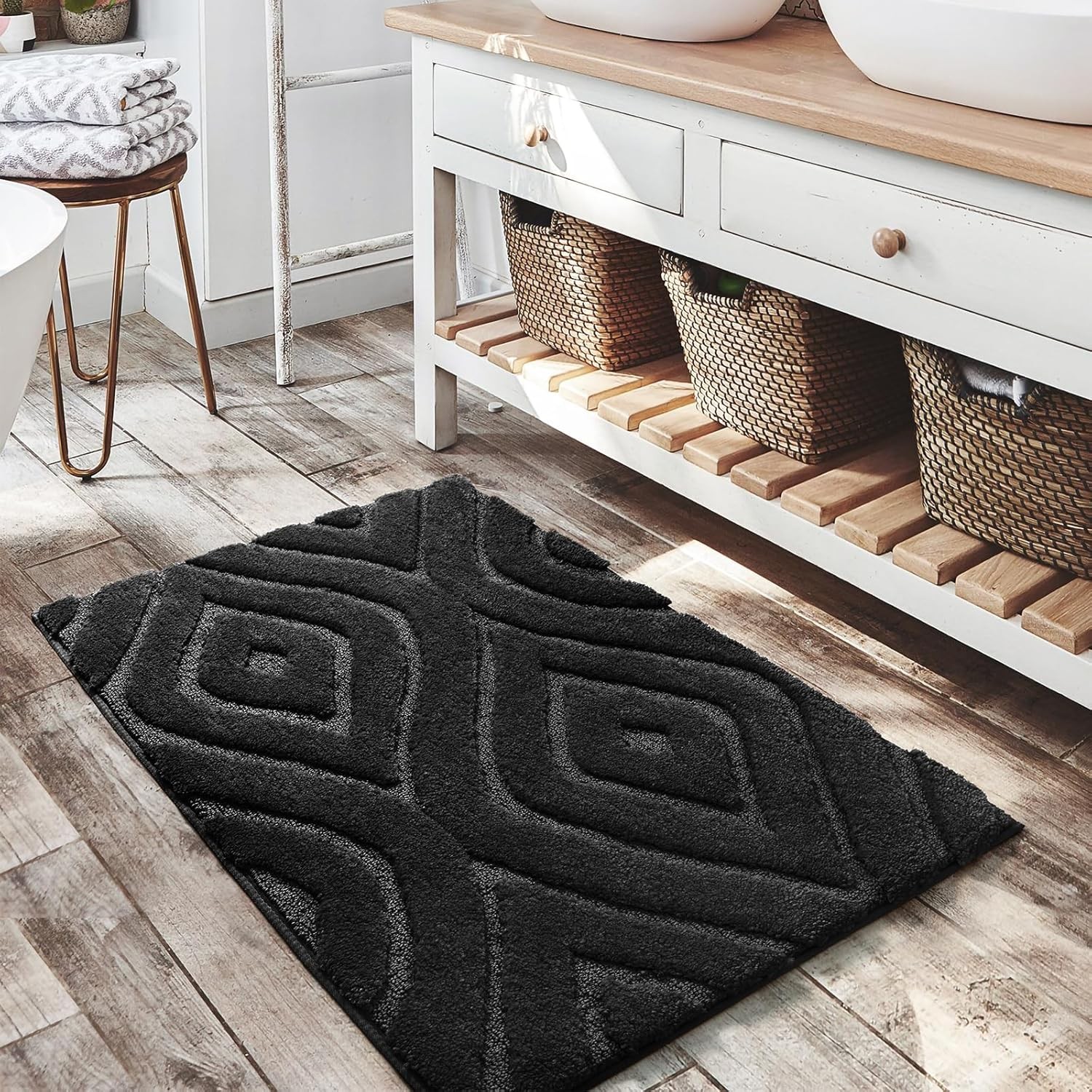 Black Bathroom Rugs 24x36 Boho Bath Mat Non Slip Geometric Luxury Soft Washable gallery
