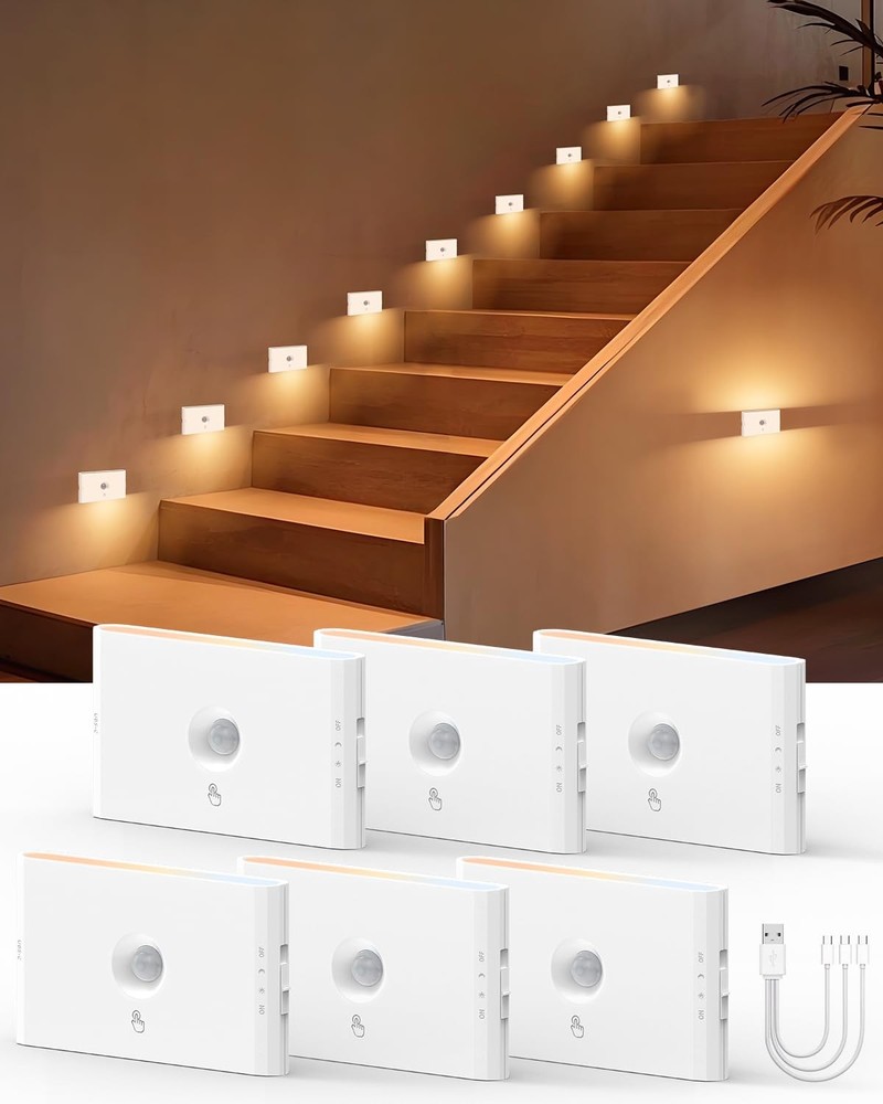 6-Pack Rechargeable Motion Stair Lights White, Dimmable Night Lights with 3 M...
