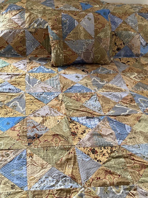 Vtg. Batik Patchwork Cotton/Rayon Quilt with cushion cover, 102" x 55" gallery