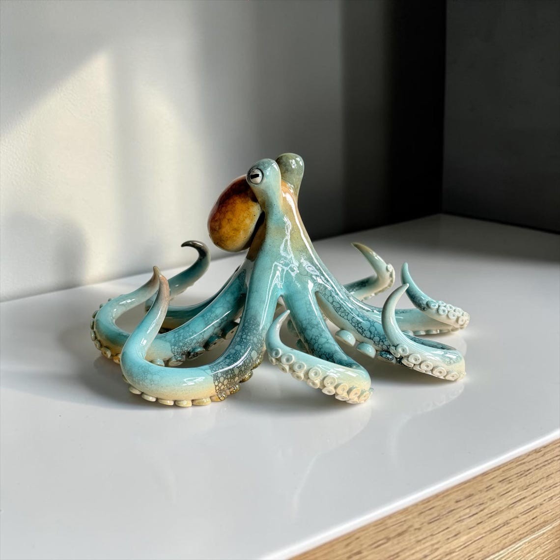 Ceramic Octopus Sculpture Teal, Orange, Black Bubble Glaze Tabletop Art gallery