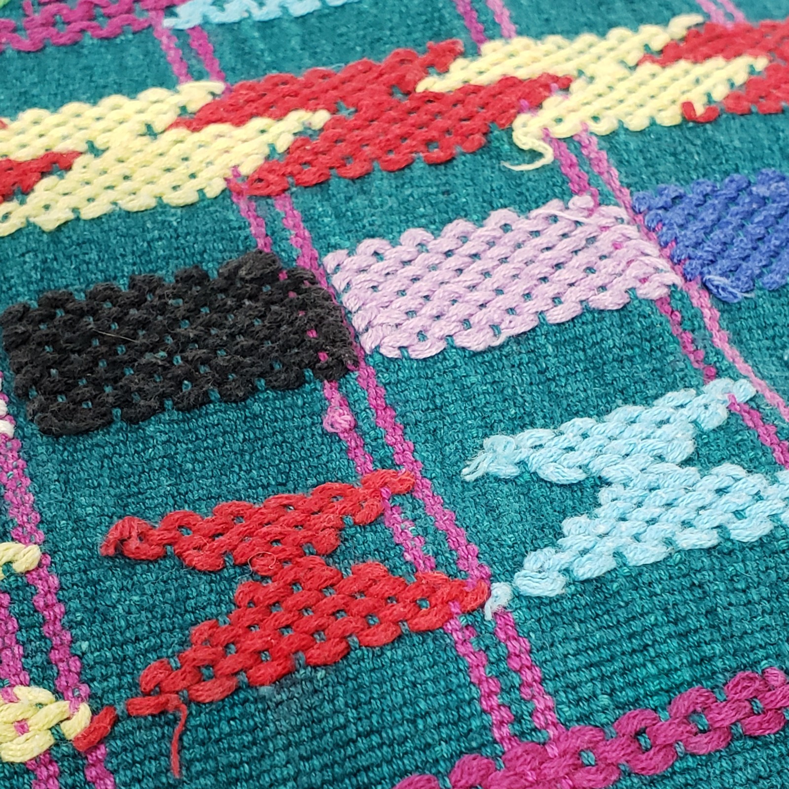 Handwoven Colorful Table Runner Teal background with lots of other primary color gallery