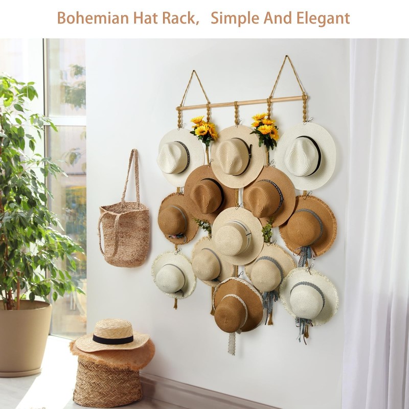 Macrame Hat Organizer Rack for Wall 15 Clips 31x66in Large Fedora Hat Hangers... gallery
