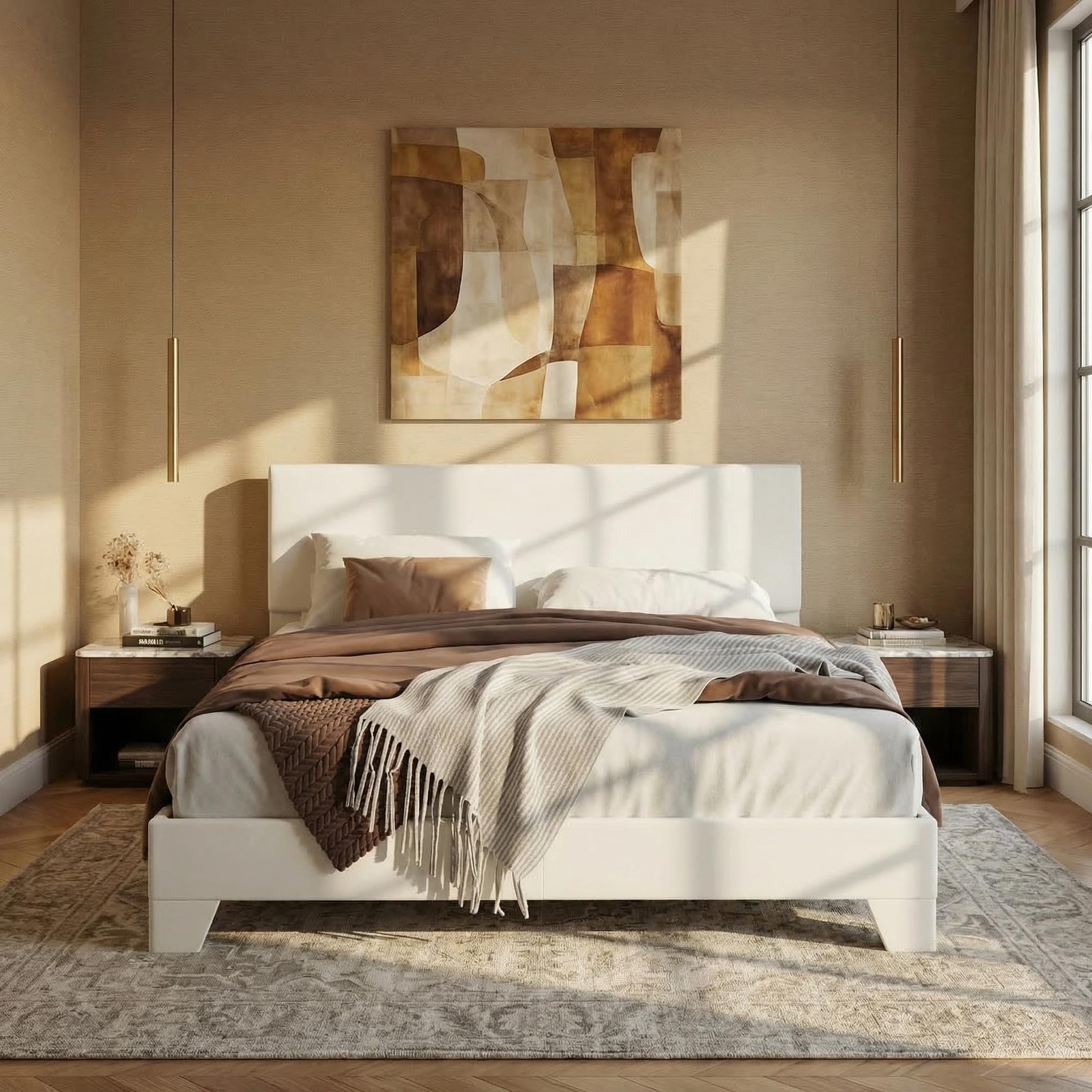 Queen Bed Frame Adjustable Headboard Faux Leather Platform Off White CERLIN Size gallery