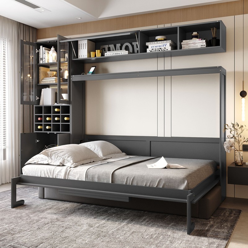 Full Size Murphy Bed with Sofa, Shelves, USB & Light, Gray gallery