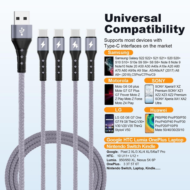 SIQIWO Multi USB C Cable Fast Charging, [4FT/2 Pack] QC 3.0(3A) USB C Splitter C gallery