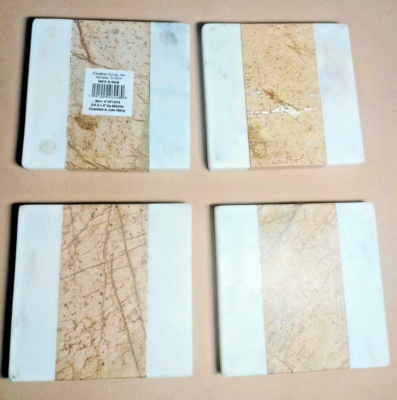 Creative Co-Op Marble Coasters Square White Brown Natural Color 4"x4" Set of 4 gallery