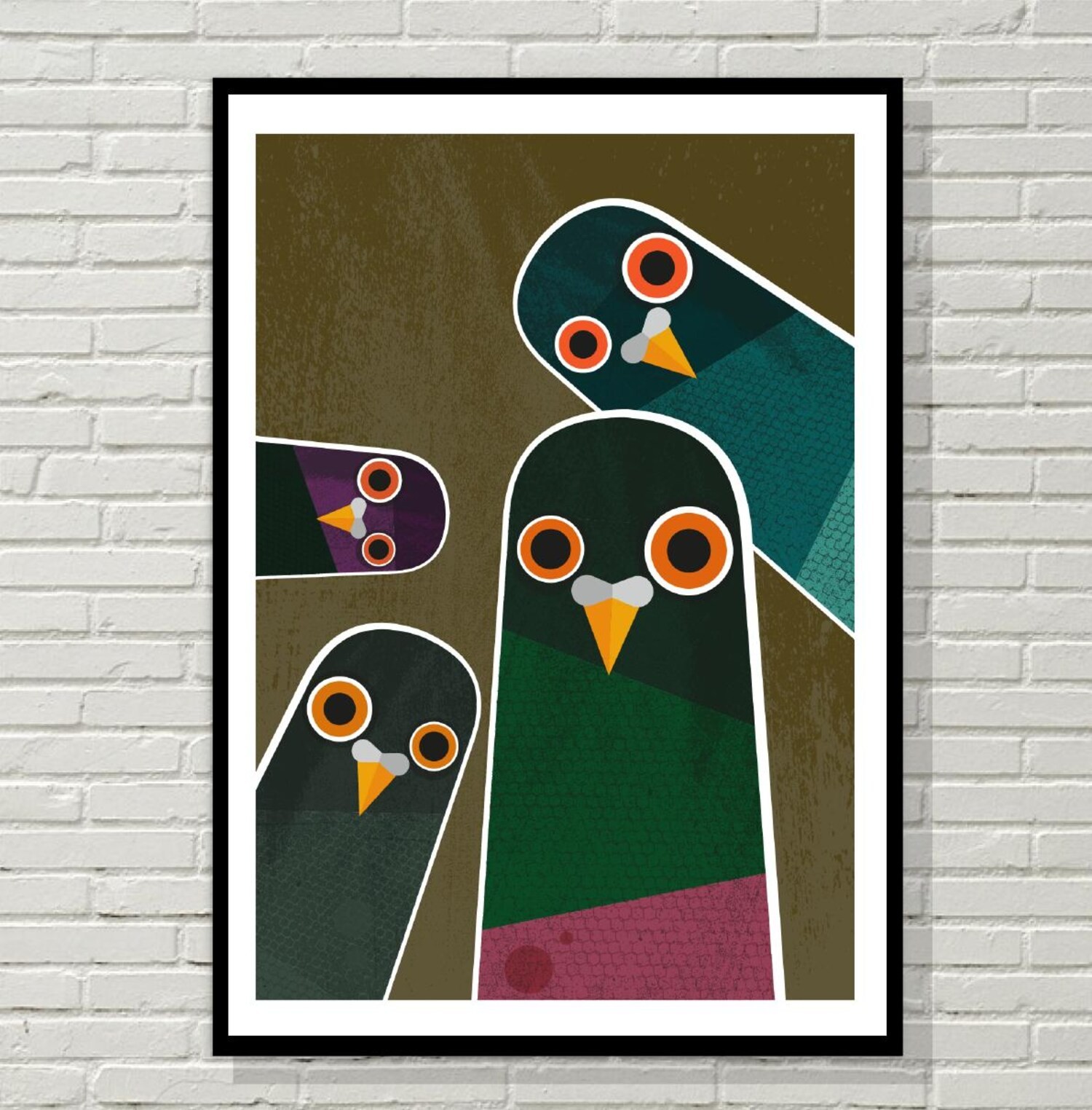 Nosy Pigeons Art Print Poster, Retro Mid Century Bird Illustration Wall Decor gallery