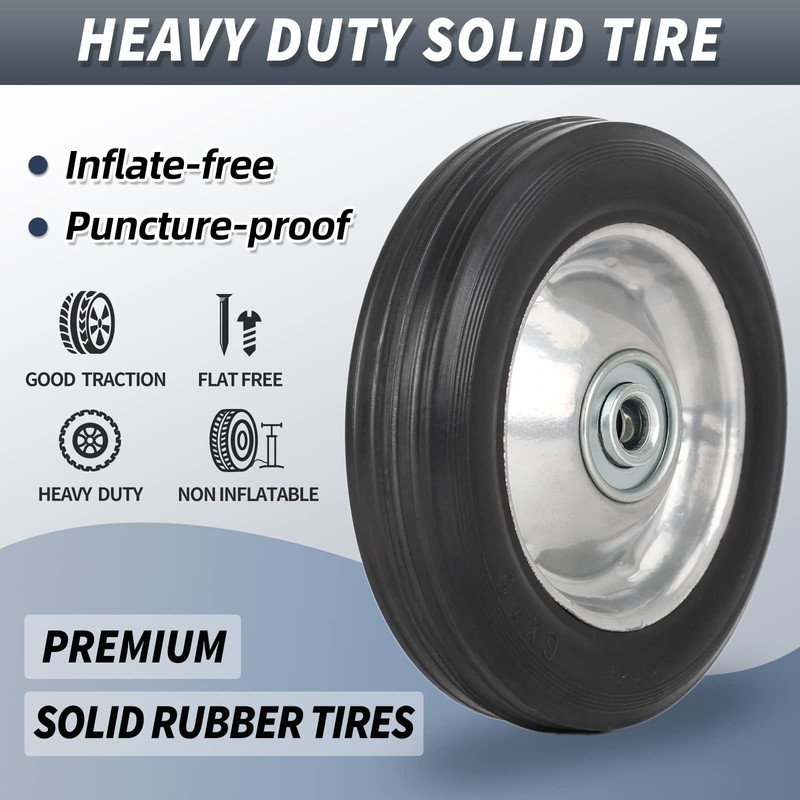 6" Flat Free Solid Rubber Tires with Ball Bearings 2 Pack, 1/2" Axle Bore gallery