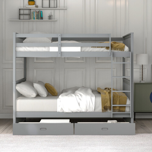 Full Over Full Bunk Bed W/ Storage Drawers Wood Platform Beds Bedroom Furniture gallery