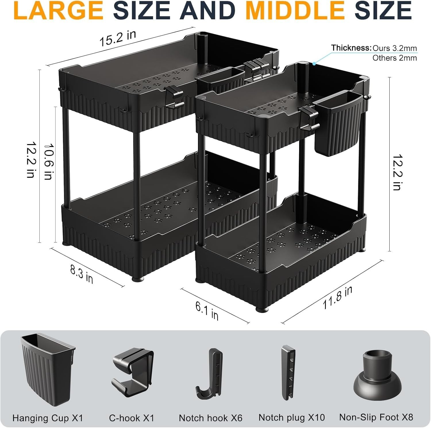2 Pack Under Sink Organizer – Bathroom & Kitchen Cabinet Storage Rack with Hooks gallery