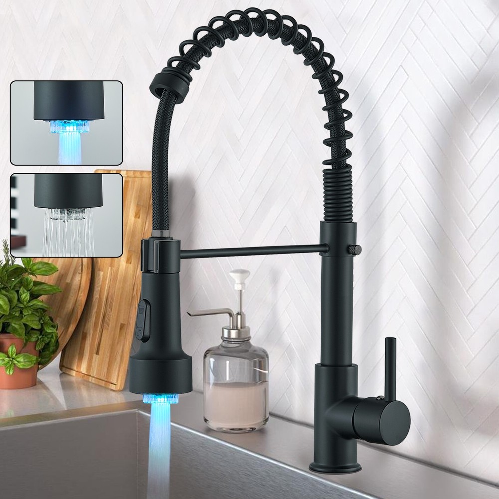 LED Light Kitchen Faucet with Pull Down Sprayer 1 Hole Swivel Sink Faucet Black