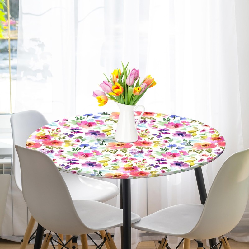 Spring Summer round Fitted Tablecloth with Elastic Edge Watercolor Flower Outdoo gallery