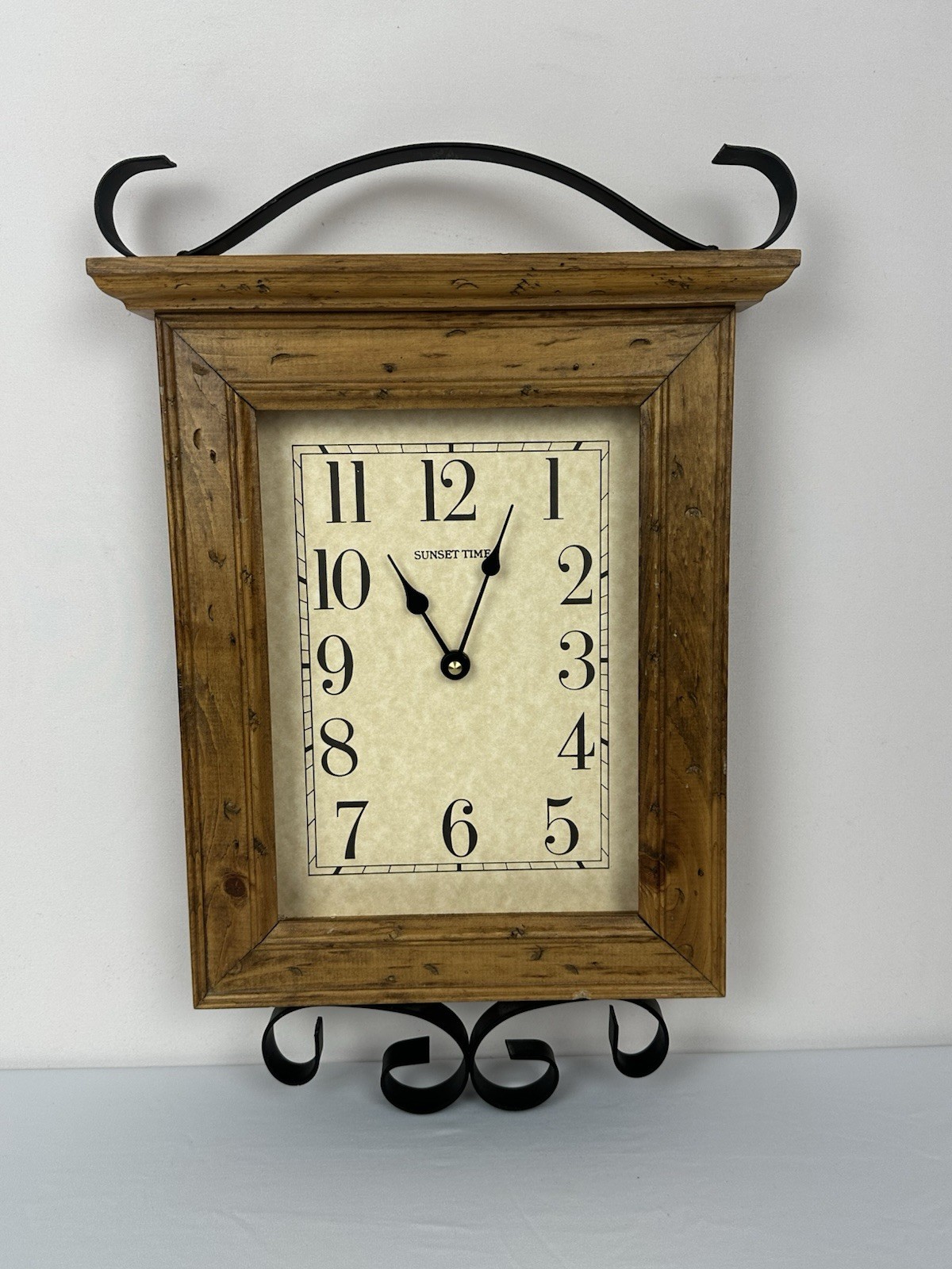 Rustic Farmhouse Wall Clock Wood Frame Wrought Iron Scroll “Sunset Time” gallery