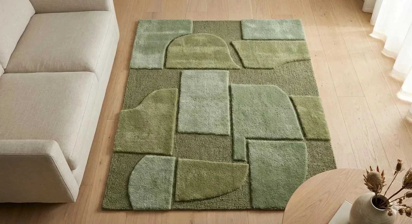 Handmade Sage Green Geometric Area Rug – High-Low Pile Abstract Tufted Carpet gallery