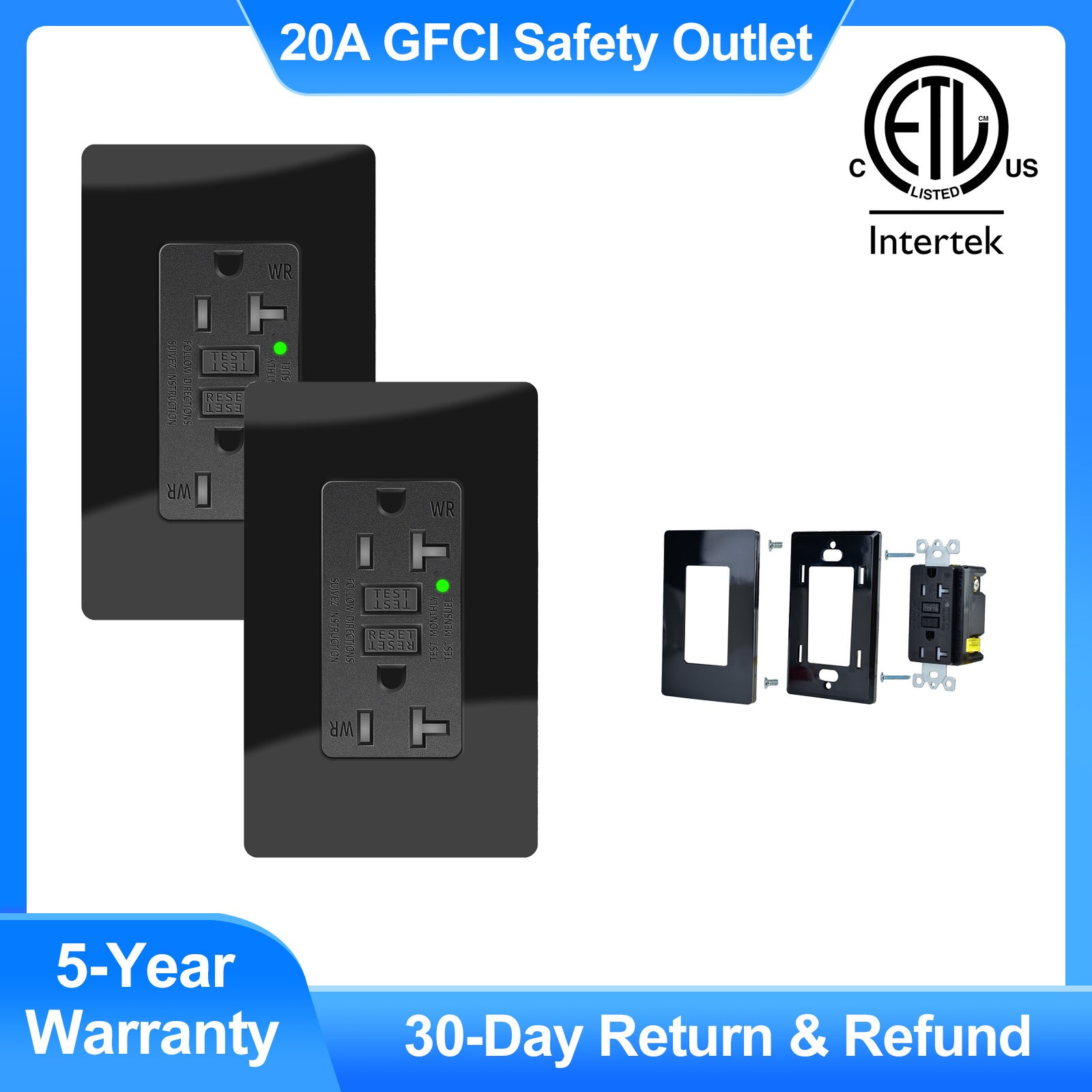 2PCS Weather Resistant TR Black GFCI Outlet 20A ETL Certified LED Status Light gallery