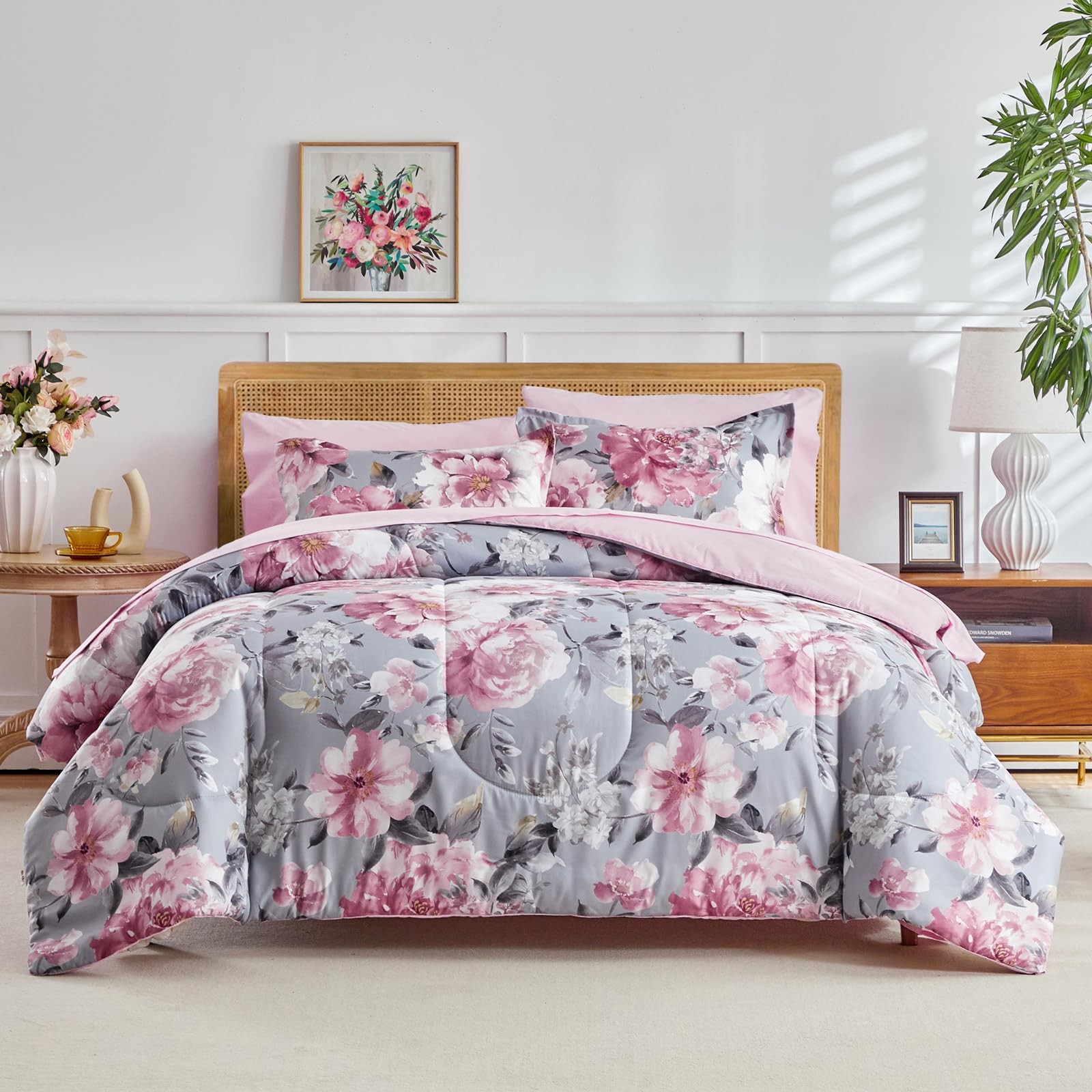 3pcs Floral Comforter Set Full/Queen, Tie-dye Pink Flowers on Gray Design, Micro gallery