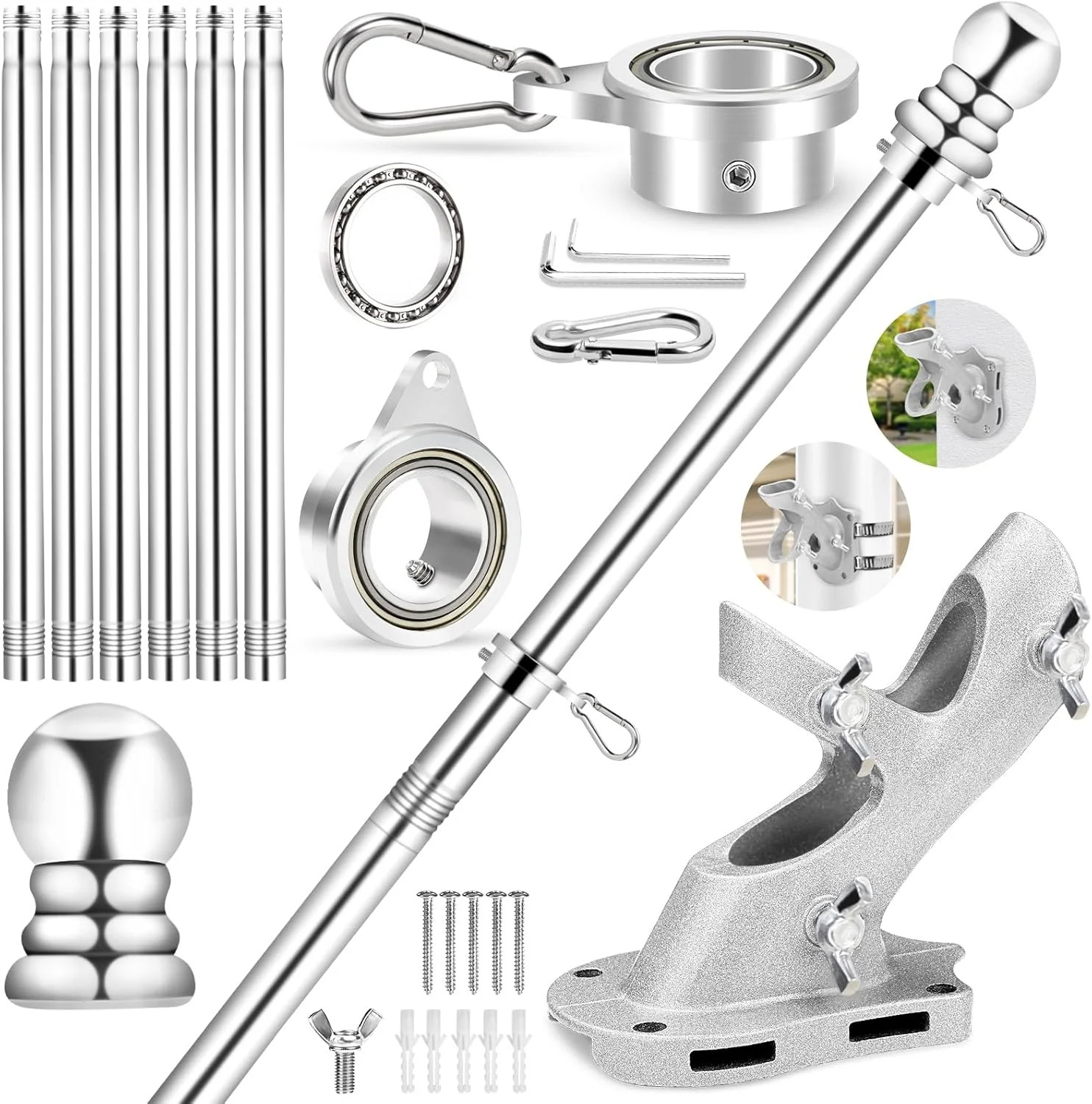 7 FT Flag Pole Kit with Bearings Rings Holder, 360° Anti-Wrap Spinning Flagpole gallery