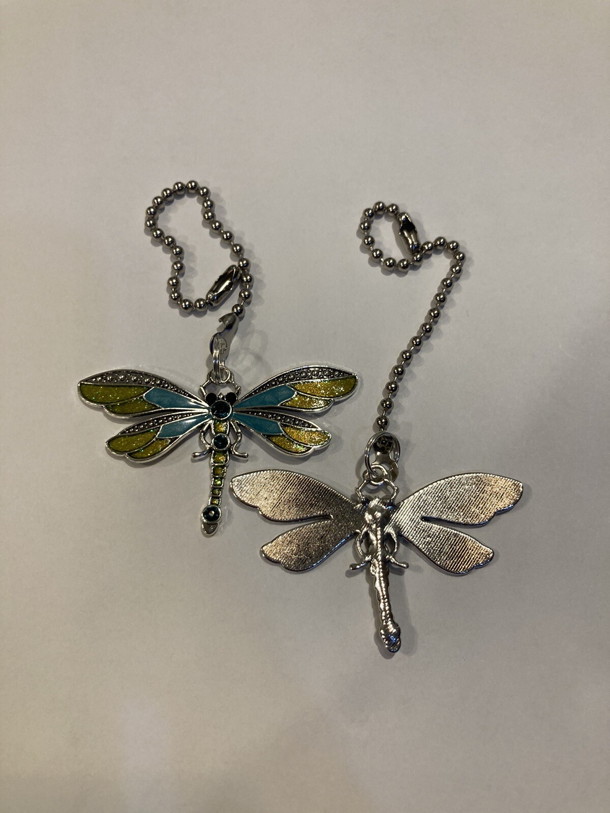 DRAGONFLY ANTIQUE SILVER GREEN CEILING FAN CHAIN LIGHT SWITCH PULL LARGE PAIR gallery