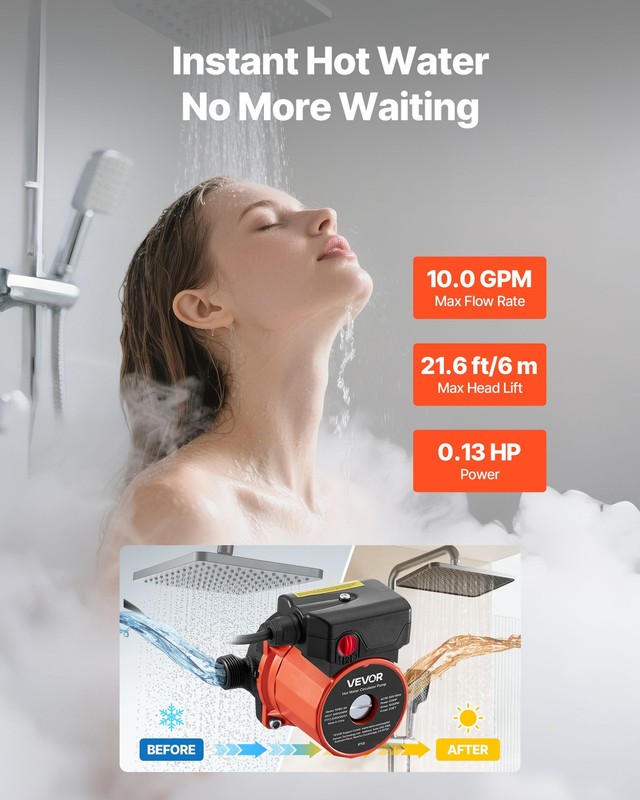 VEVOR Hot Water Recirculating Pump 10 GPM Circulation Pump 3-Speed Cast Iron gallery