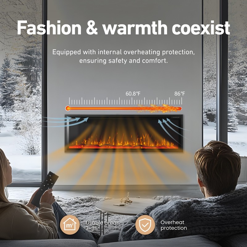 60" Thin Electric Fireplace Wall Mounted Recessed Fireplace Heater Log & Crystal gallery