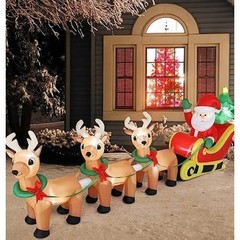 VINGLI 10FT Outdoor Inflatable Light-Up Christmas Decor; Santa Sleigh & Reindeer