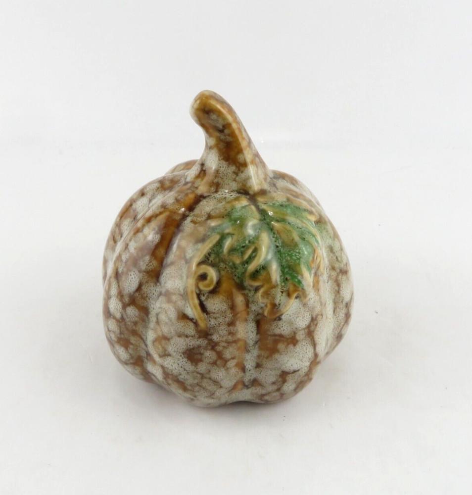 Ceramic Pumpkin w/ Leaf -Brown Speckled Glaze- Fall Seasonal Home Decor 4" Tall