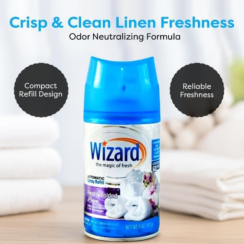 3 Wizard Automatic Spray Refills 5oz Freshly Folded Linen Air Freshener Refill gallery