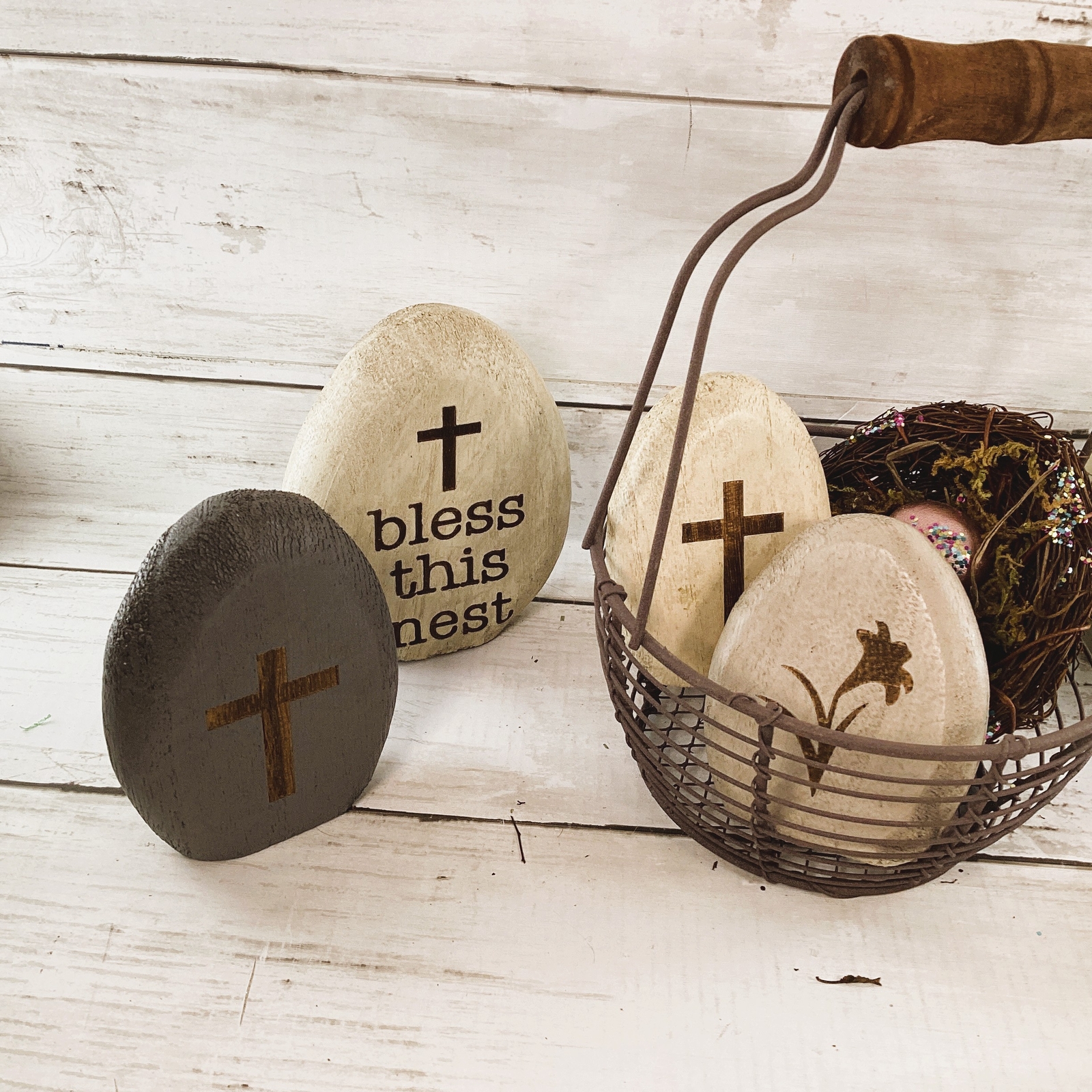 CWI Easter Decor - Prim Egg Basket Wood Eggs Birds Nest gallery