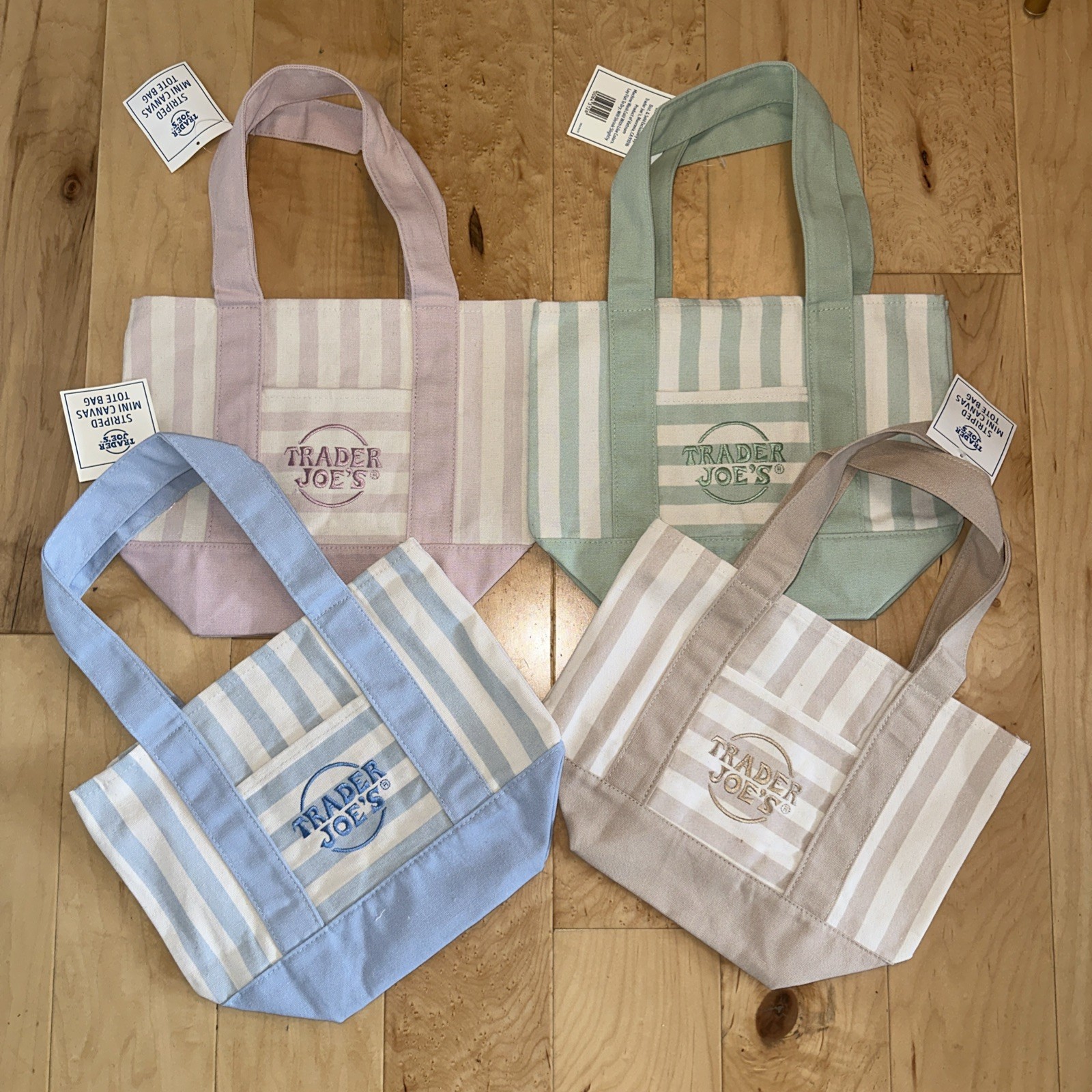 Trader Joe's Striped Mini Tote Bags, Multicolor Reusable Set/Pack of 4 gallery