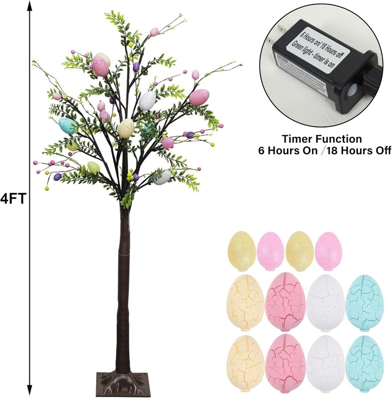 4FT Lighted Easter Tree with Timer, Pre-Lit Artificial Egg Trees with Co gallery