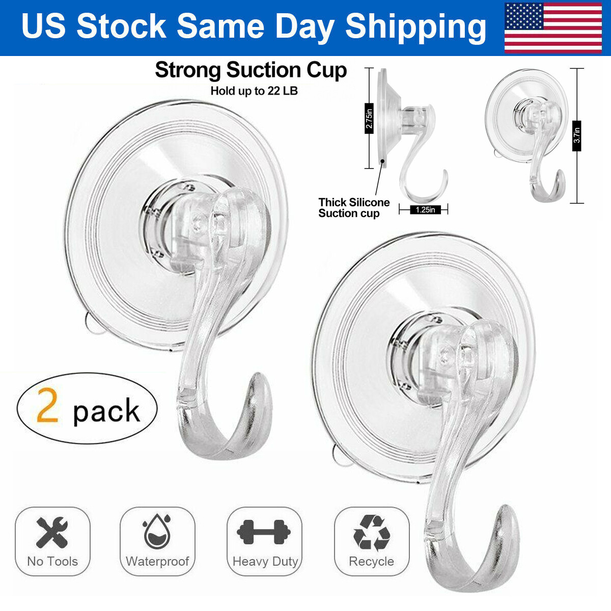2Pcs Heavy Duty Suction Cup Hook Home Suction Wall Hanger Hold Up to 22lb/10kg gallery