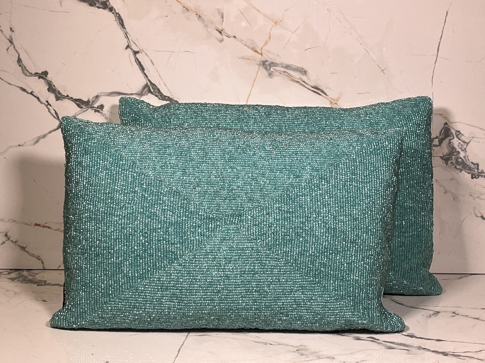 Pair of Rectangular Beaded Safavieh Duck Down Throw Pillows Turquoise gallery