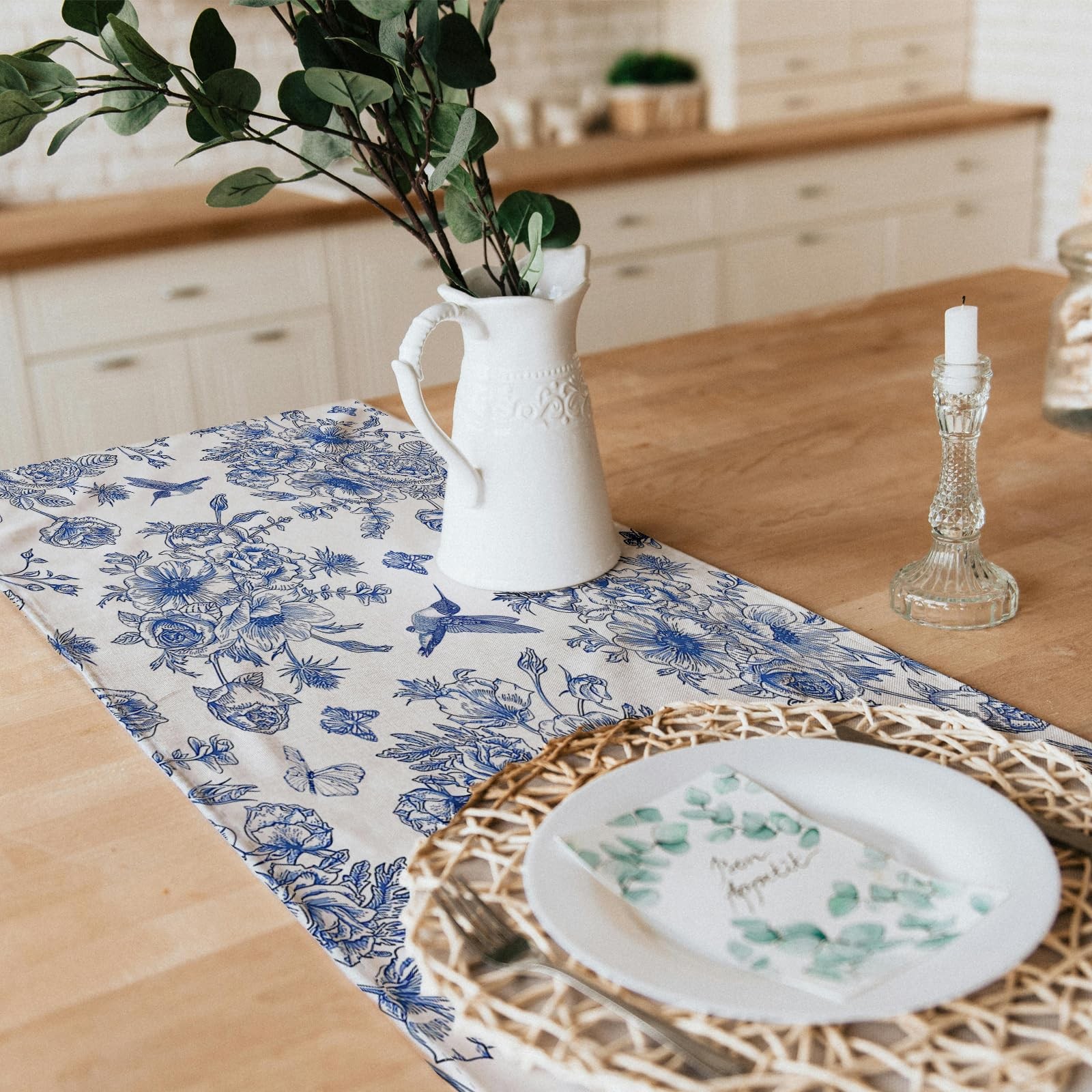 Snycler 13x48 Inch Table Runner Blue Monochrome 13" x 48", Sketch Flower gallery