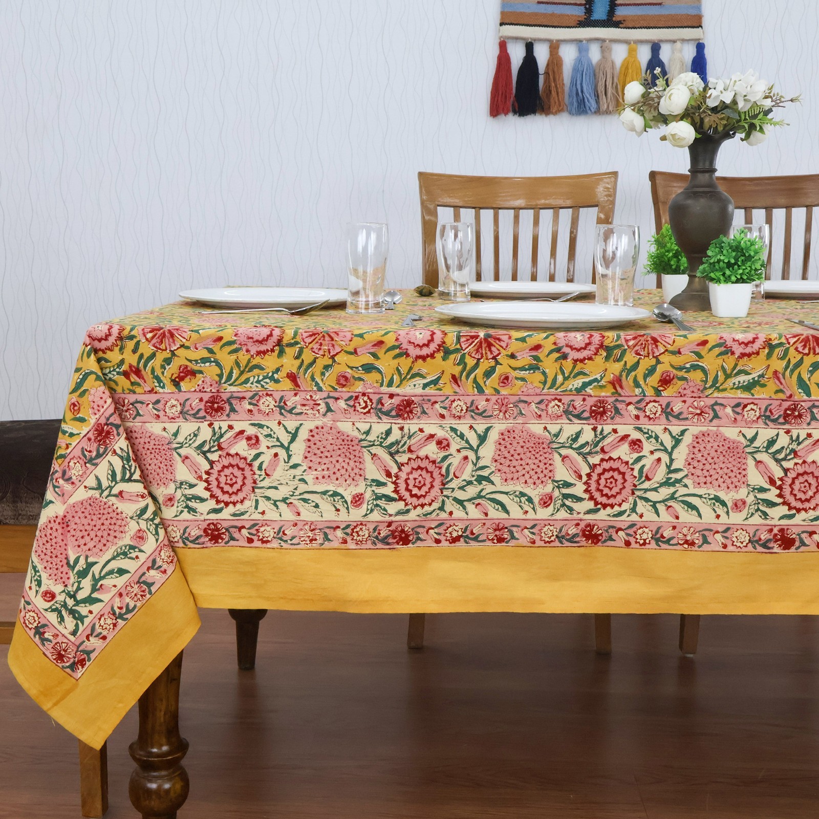 Yellow and Pink Indian Hand Block Printed Tablecloth, Floral Table Cover,Gifts gallery