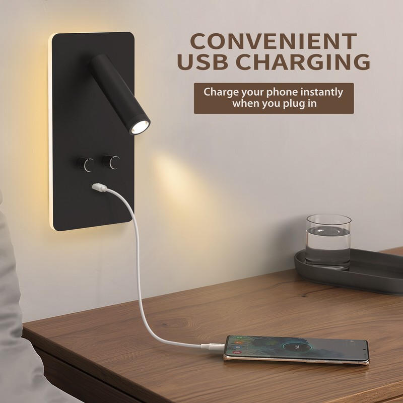 Plug in LED Wall Sconce Backlighting Dimmable Reading Spot Bedside Lamp USB Port gallery