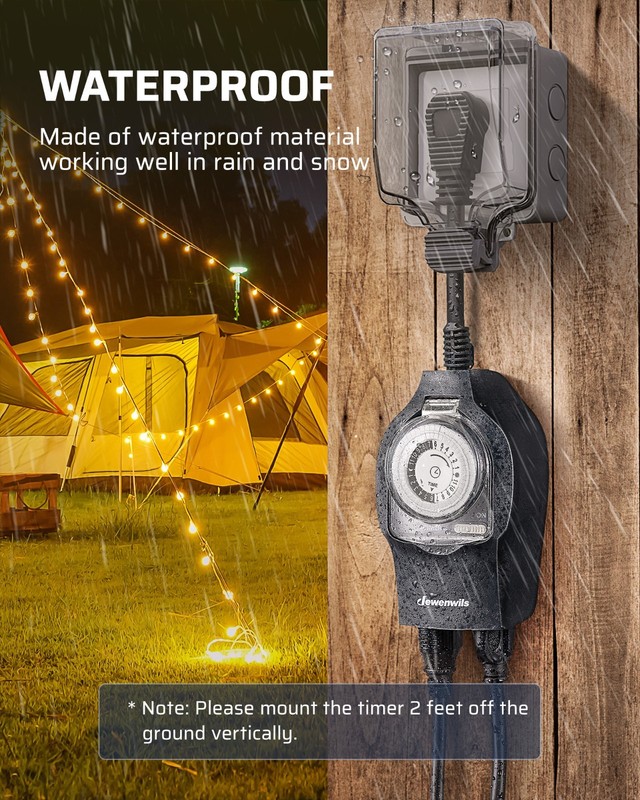 Mechanical Timer Switch for Outdoor Lights, Plug in, 15A Heavy Duty, 2 Outlets gallery