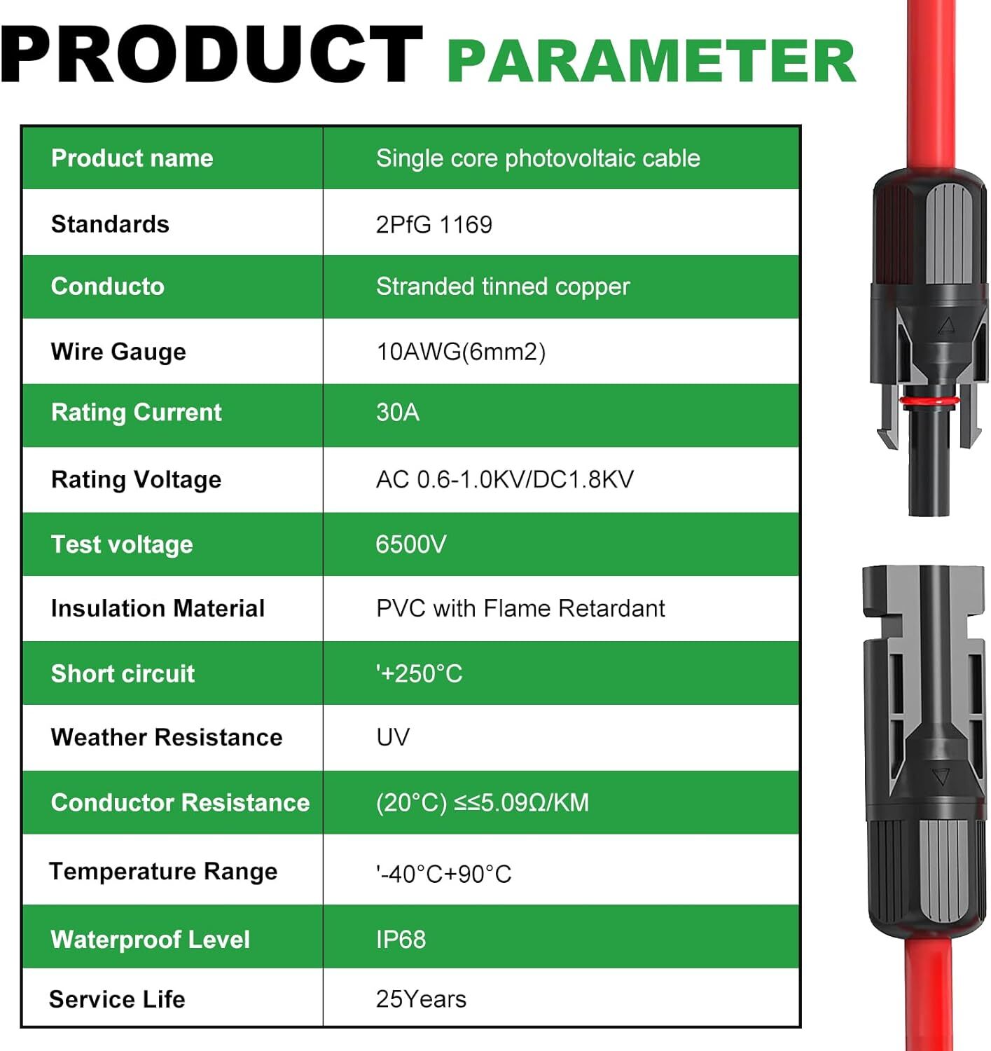 10 AWG 6mm² Solar Panel Extension Cable PV Wire Solar Connector Pair Black & Red gallery