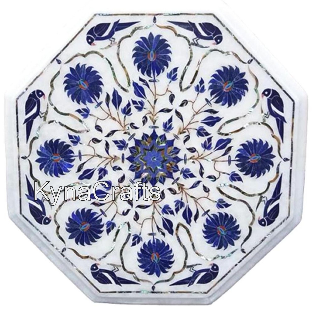 Lapis Lazuli Stone Inlay Work Side Table Octagon White Marble Coffee Table Top