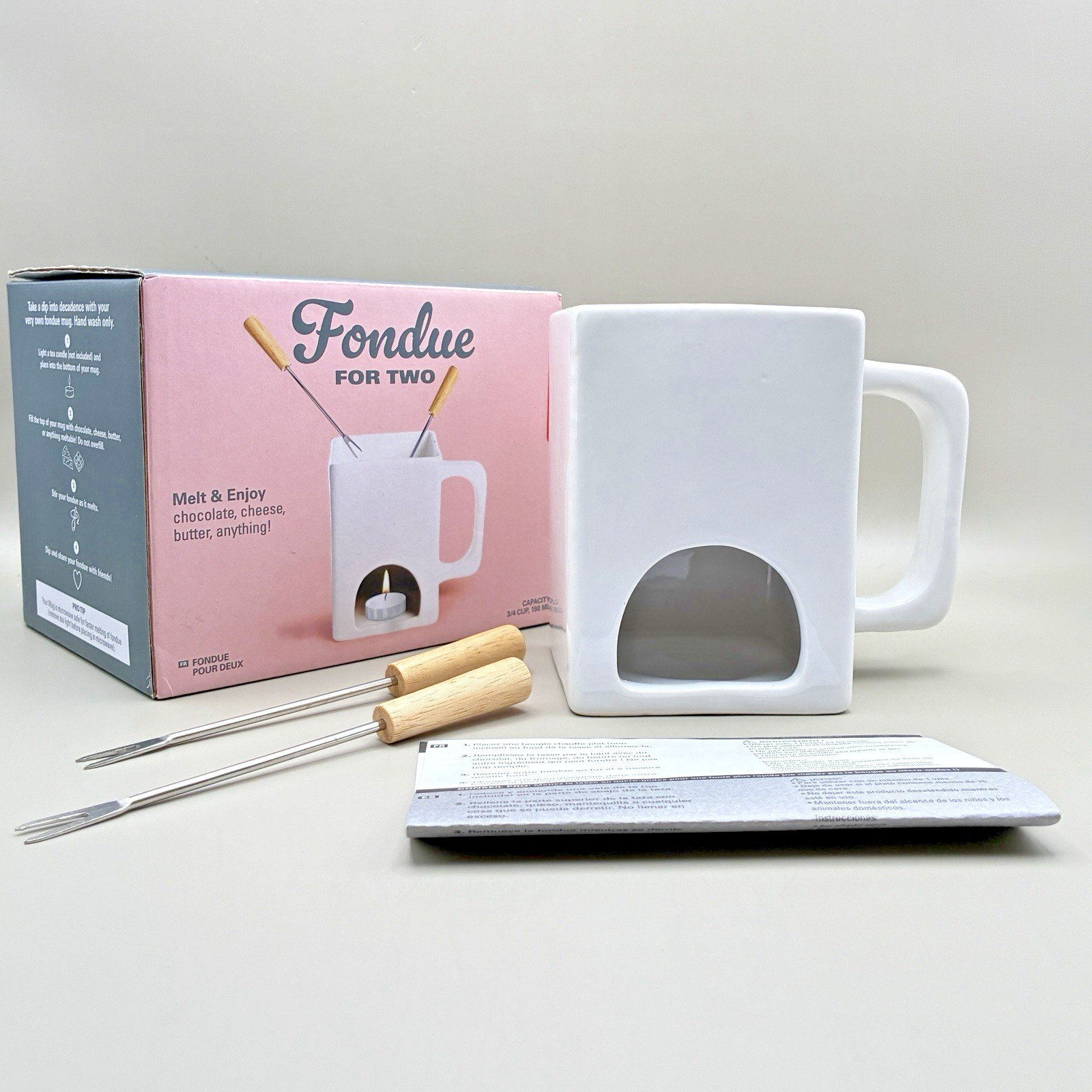 Fondue for Two Ceramic Mug Set w/ 2 Skewers Kikkerland Netherlands NEW IN BOX gallery