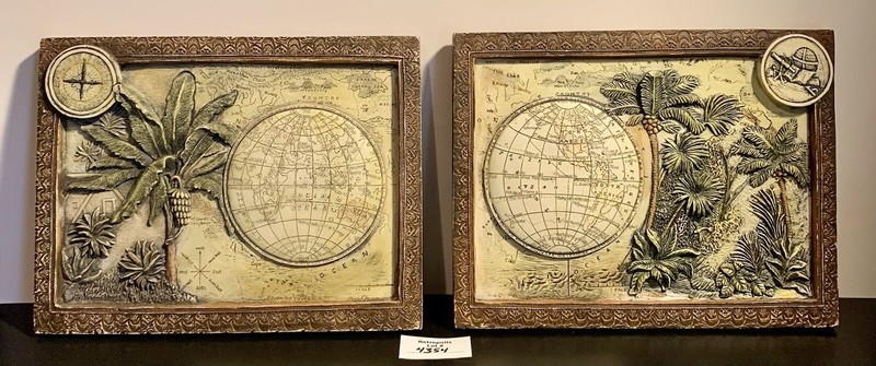 2 Globe Safari Map Ceramic Embossed Wall Art Plaques Tina Chaden ARTIQUE Vintage gallery