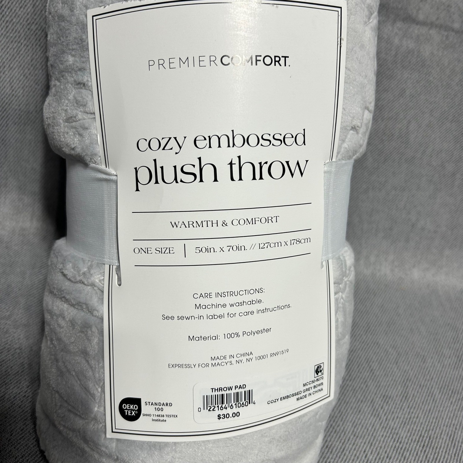 Premier Comfort Plush Throw One Size Grey Cozy Embossed Bows Blanket 50x70 gallery