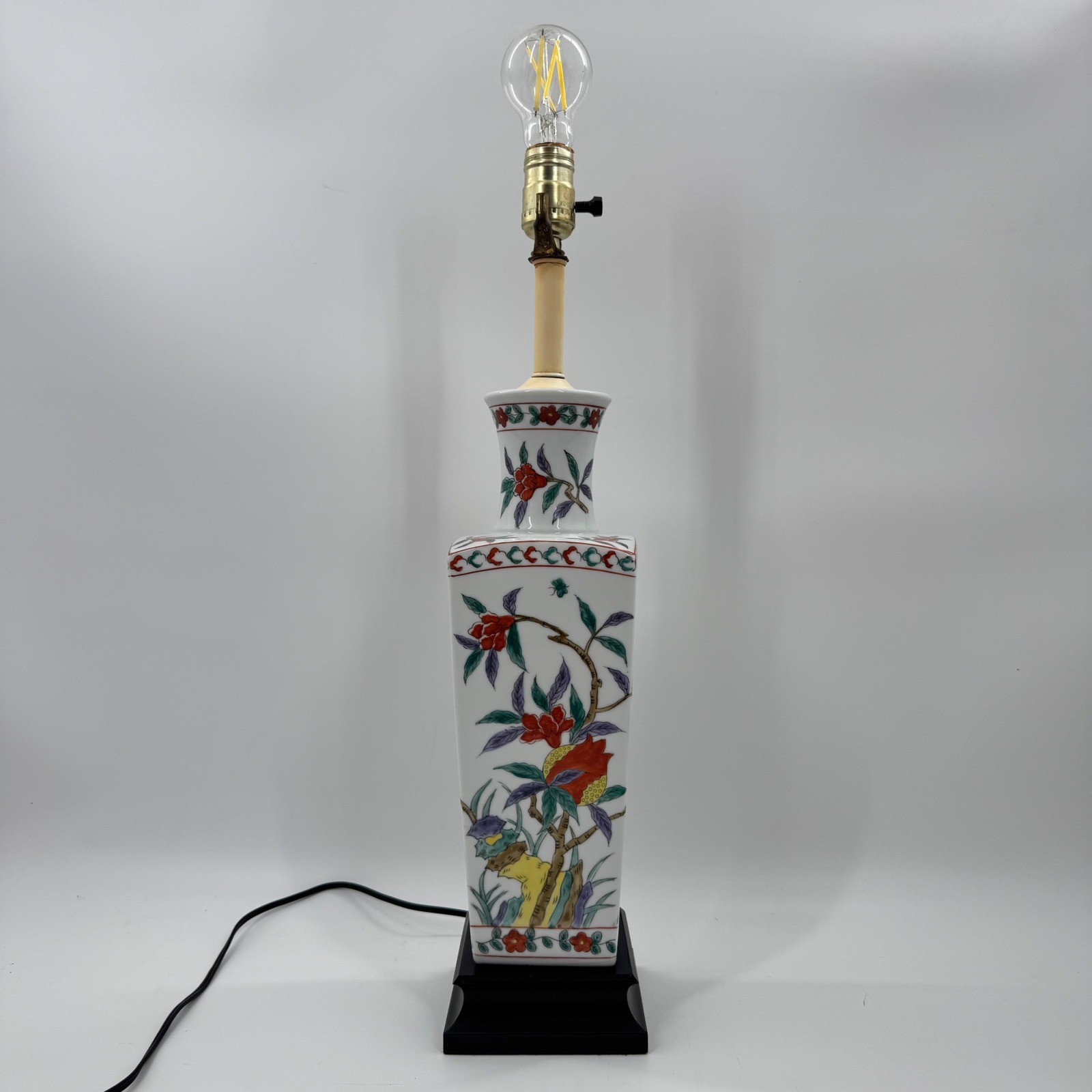 Vintage Chinoiserie Porcelain Table Lamp Hand Painted Floral Square Vase Form gallery