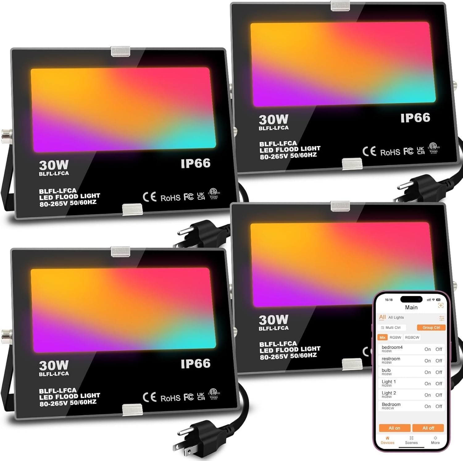 4 Pack 30W LED Flood Light RGB Smart Outdoor Landscape Lights App Control gallery