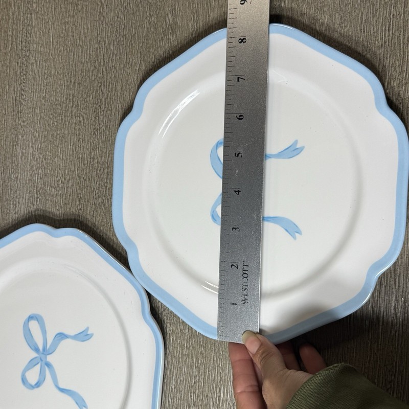 4 Shabby Chic Blue Bow Border Melamine Salad Plate 8" Dishwasher Safe gallery