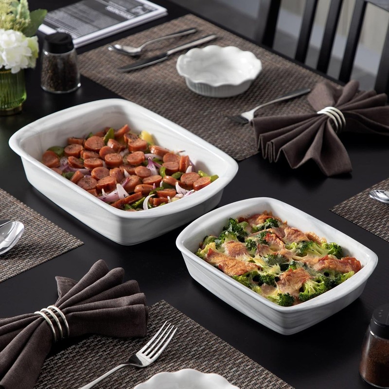2 Pcs Rectangular Baking Dish 11'' 8''), Marble Grey Porcelain Bakeware Set gallery