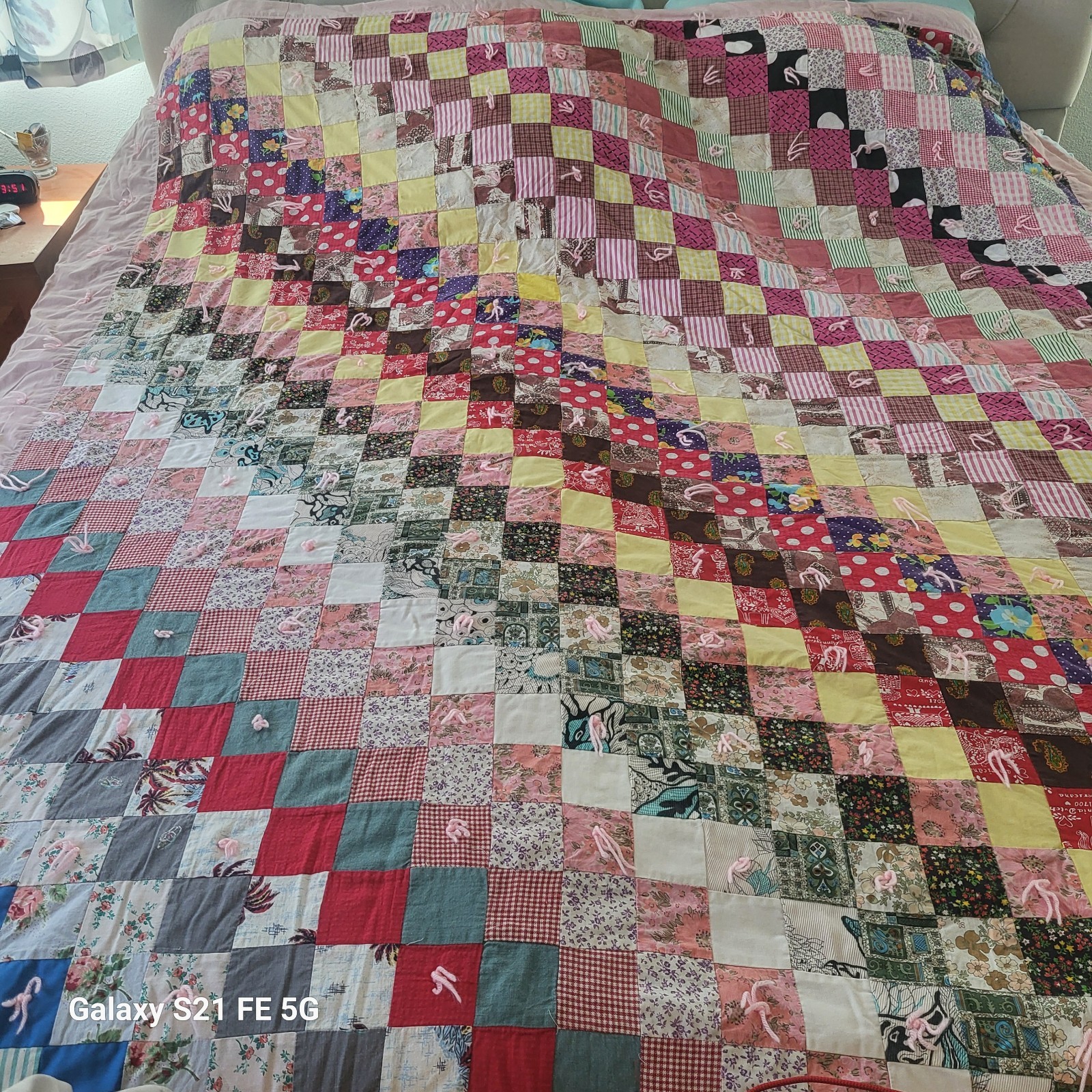Beautiful Hand Made Quilt. Squares Pieced Multi Colored Squares Backer With Ties gallery